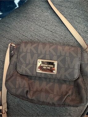 Michael Kors Dark Brown MK Logo Crossbody with Light Tan Strap